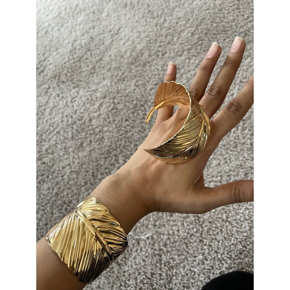 wide gold cuff leaf bracelet bangle large wedding metal boho chunky statement - Picture 7 of 9